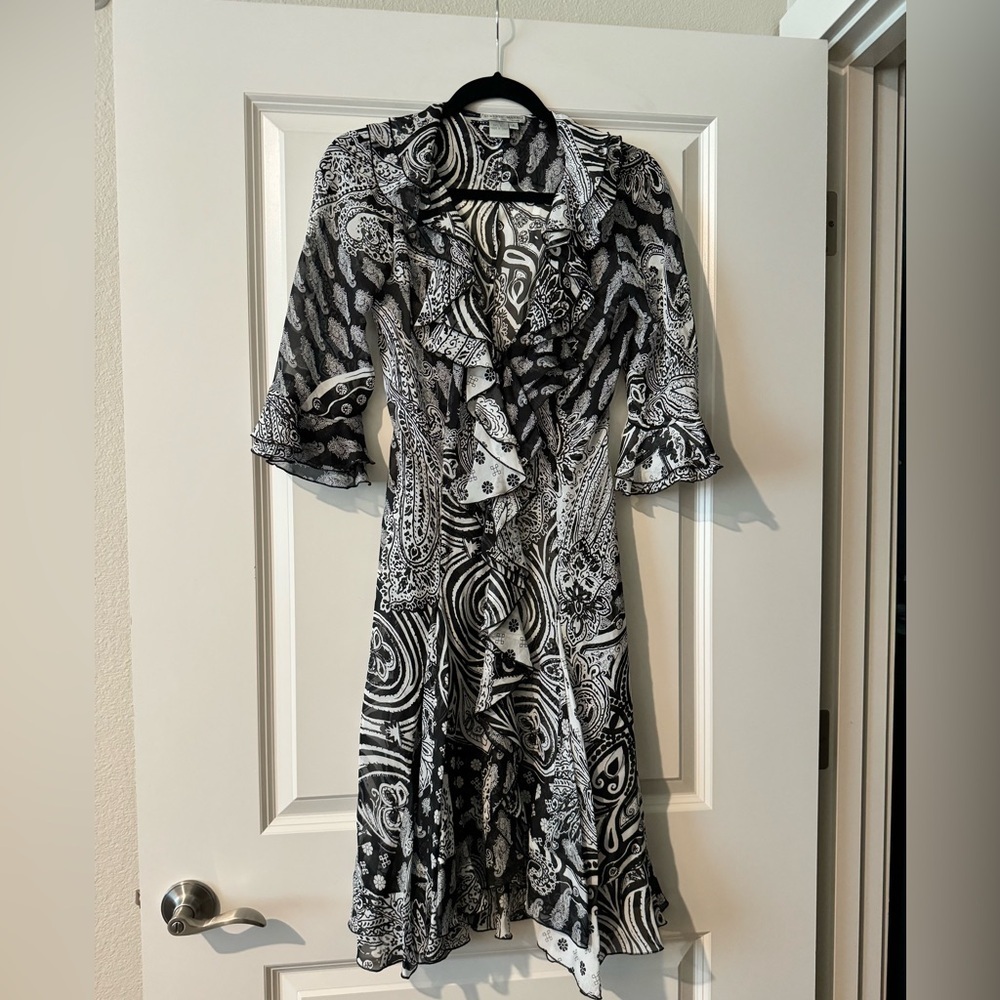 Vintage Y2K 90s Alberto Makali 100% Silk Dress Sheer Paisley Black White Size 4